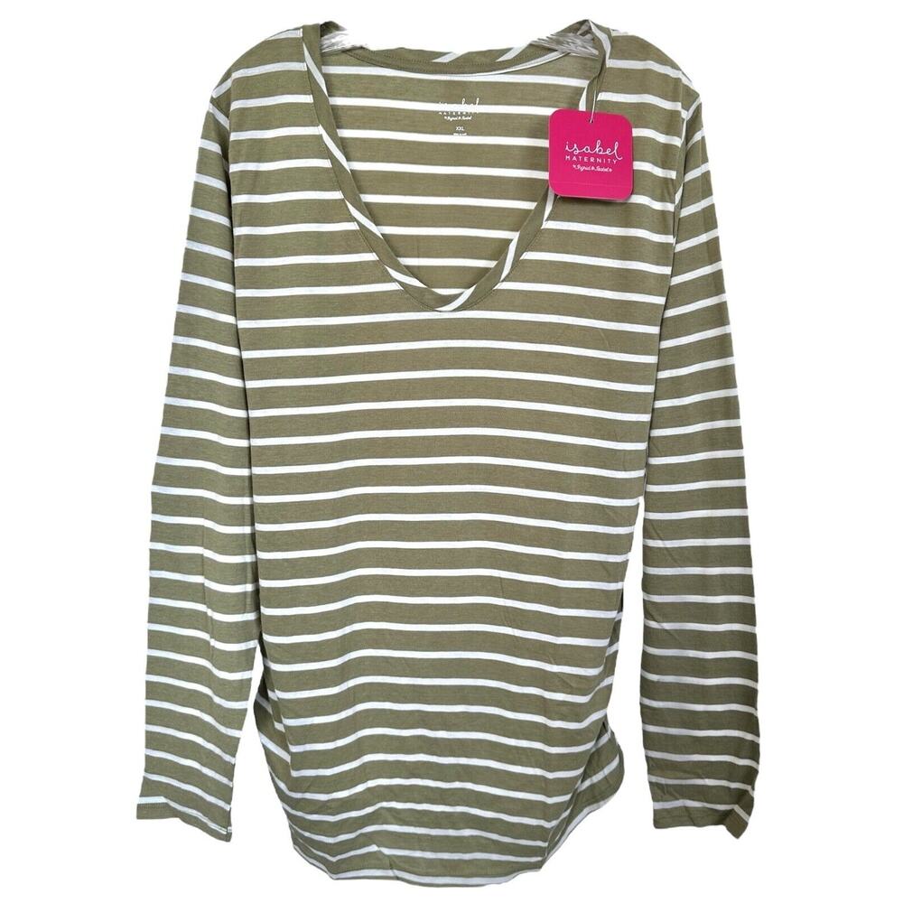 Isabel Maternity Women's Long Sleeve Scoop Neck Shirred Top Sz XXL Green Striped